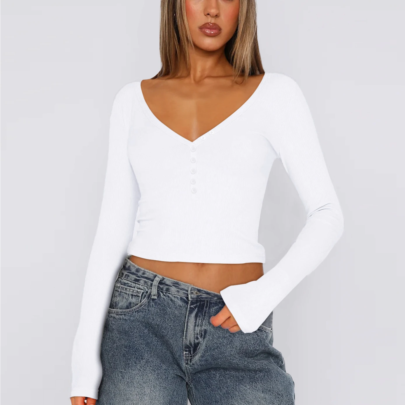 Faionable com nervuras longo sve colheita topo v-ne camiseta interior wear ort sle umbigo exposição outono inverno feminino topo