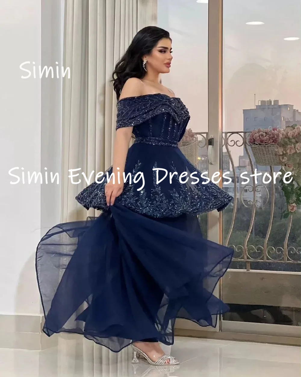 Simin Chiffon A-line Off-the-shoulder Neckline Sequins Prom Gown Ankle-length Evening Elegant Party dresses for women 2023