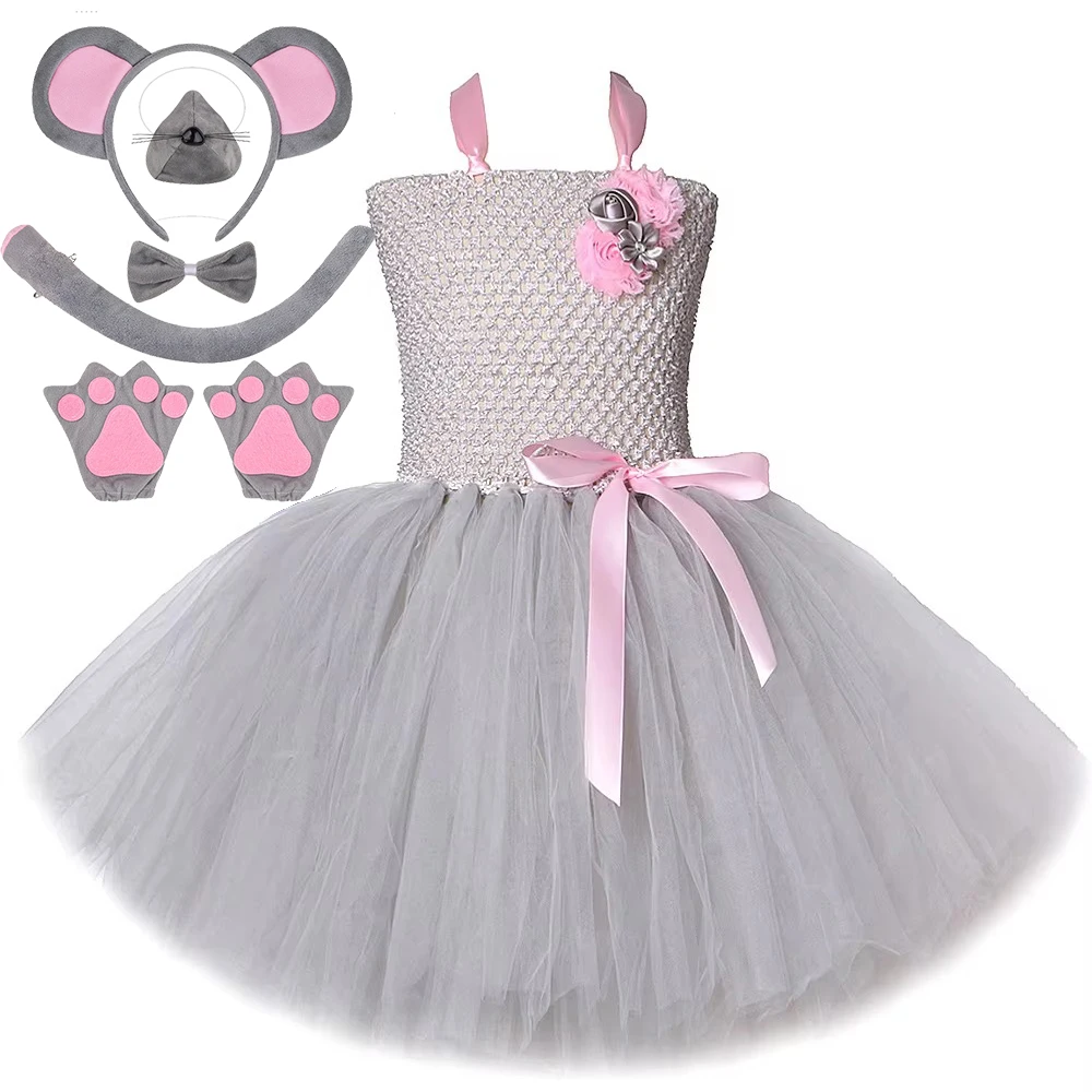 Rosa graues Maus-Tutu-Kleid für Babys, graue Ratte, Kostüme mit Ohren, Fliege, Schwanz, Kinder, Tier, Karneval, Outfit, Geburtstagskleidung