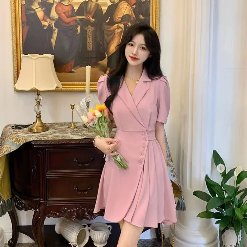 

2022 Fashion Lady Suit Dress Elegant Puff Sleeve Solid Vestidos Women Summer Casual Look Slim Dresses Pleated Dress