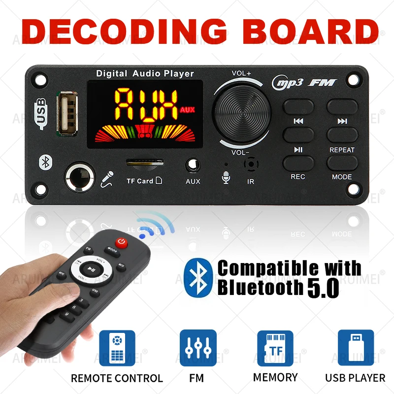 Bluetooth 5.0 MP3 WMA WAV Decoder Board 12V Handsfree 6.5mm Microphone USB TF FM Car Audio Music Player Speaker Volume Control