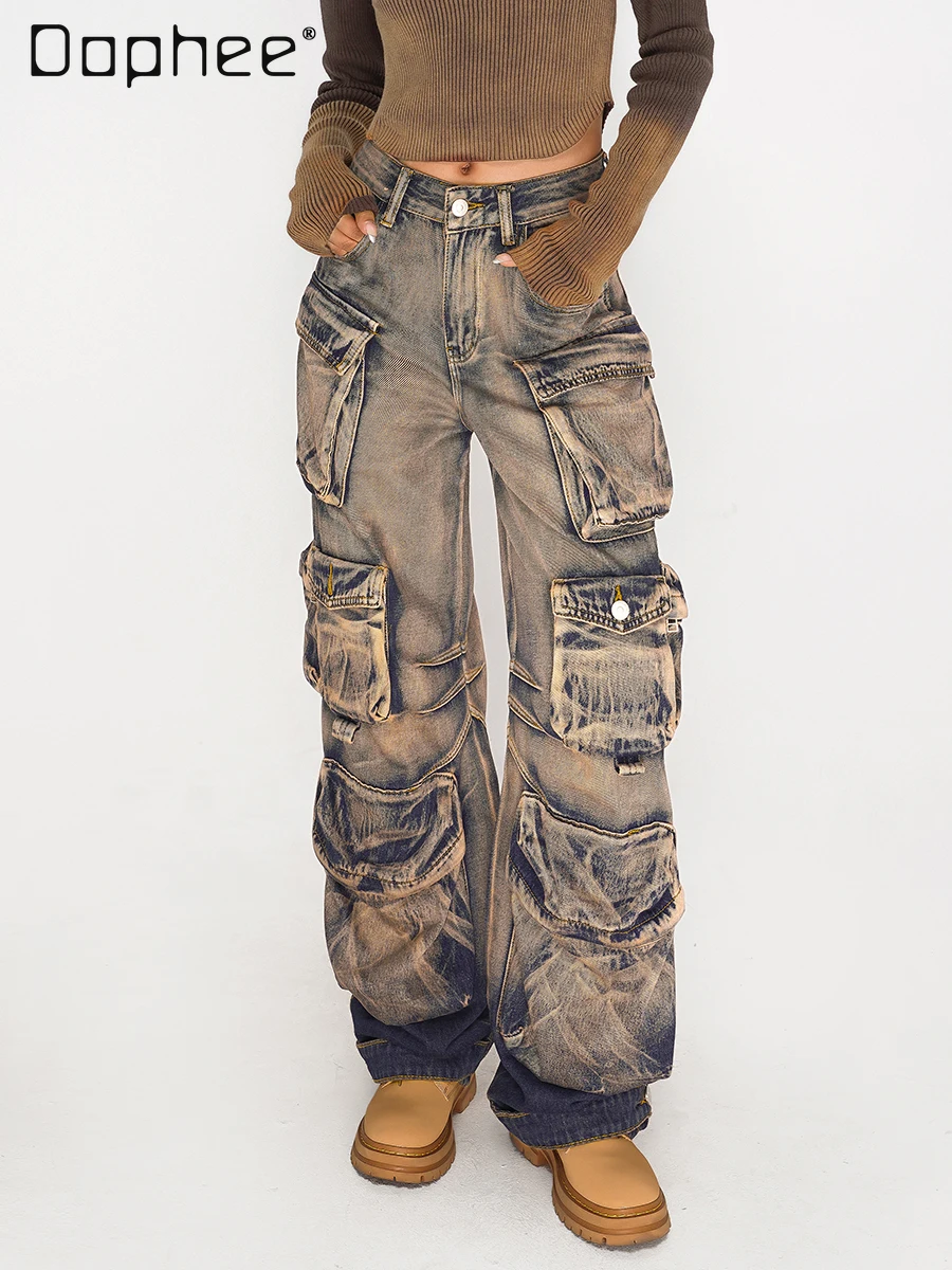 

Wash Blue Cargo Denim Pants Women American Street Style Multi-pocket Wide Leg Cargo Jeans Pants Baggy Y2k Punk Streetwear