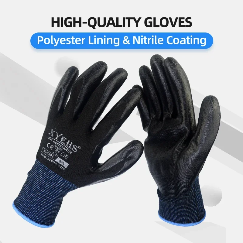 XYEHS XU1204 12 Pairs/24 pcs Nitrile Coated Safety Work Gloves Oil & Abrasion Resistant, 13 Guage Seamless Knit Polyester Gloves