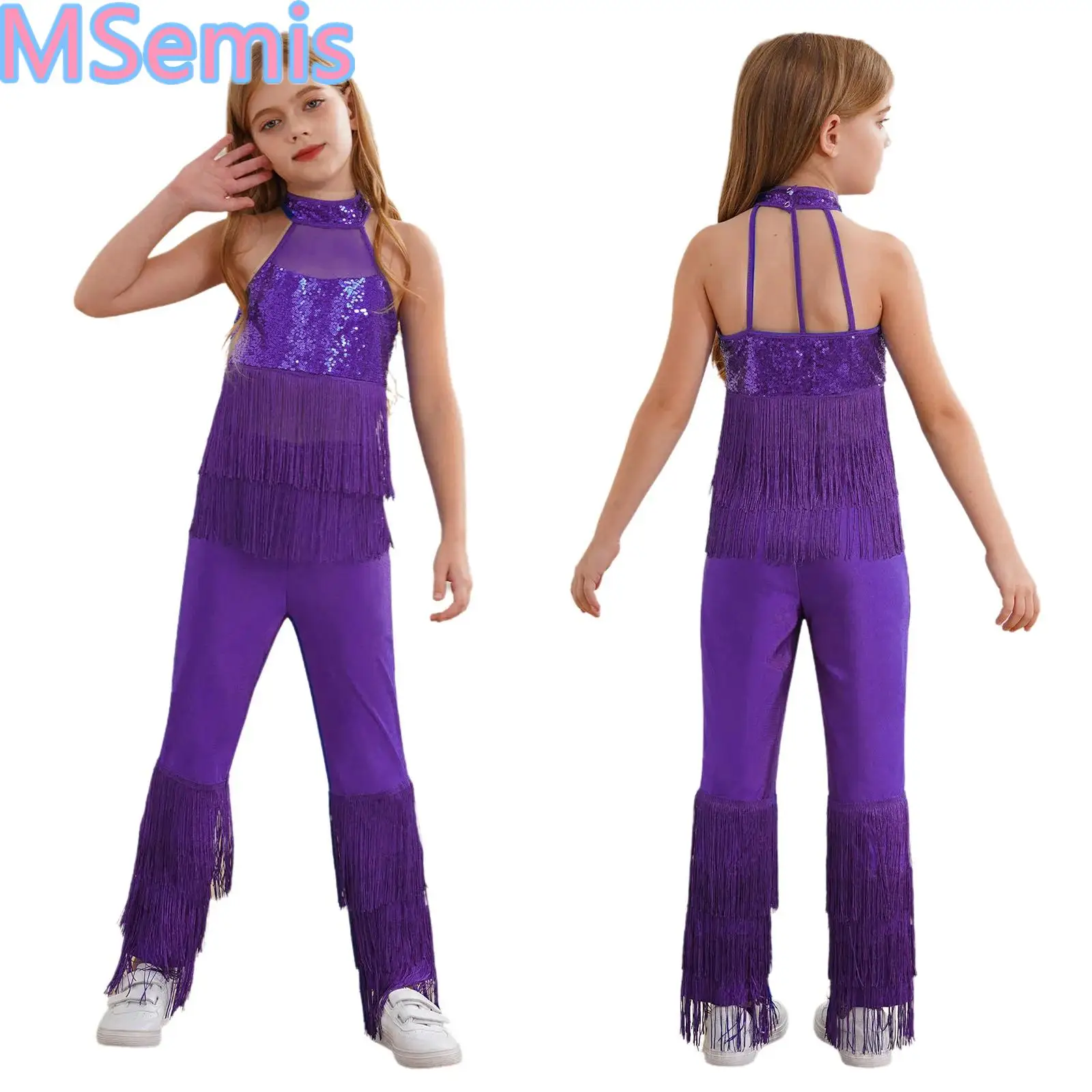 

Kids Girls Sparky Sequins Dance Leotard Tassels Jumpsuit Halter Backless Sheer Mesh Fringed Bodysuit for Party Performance