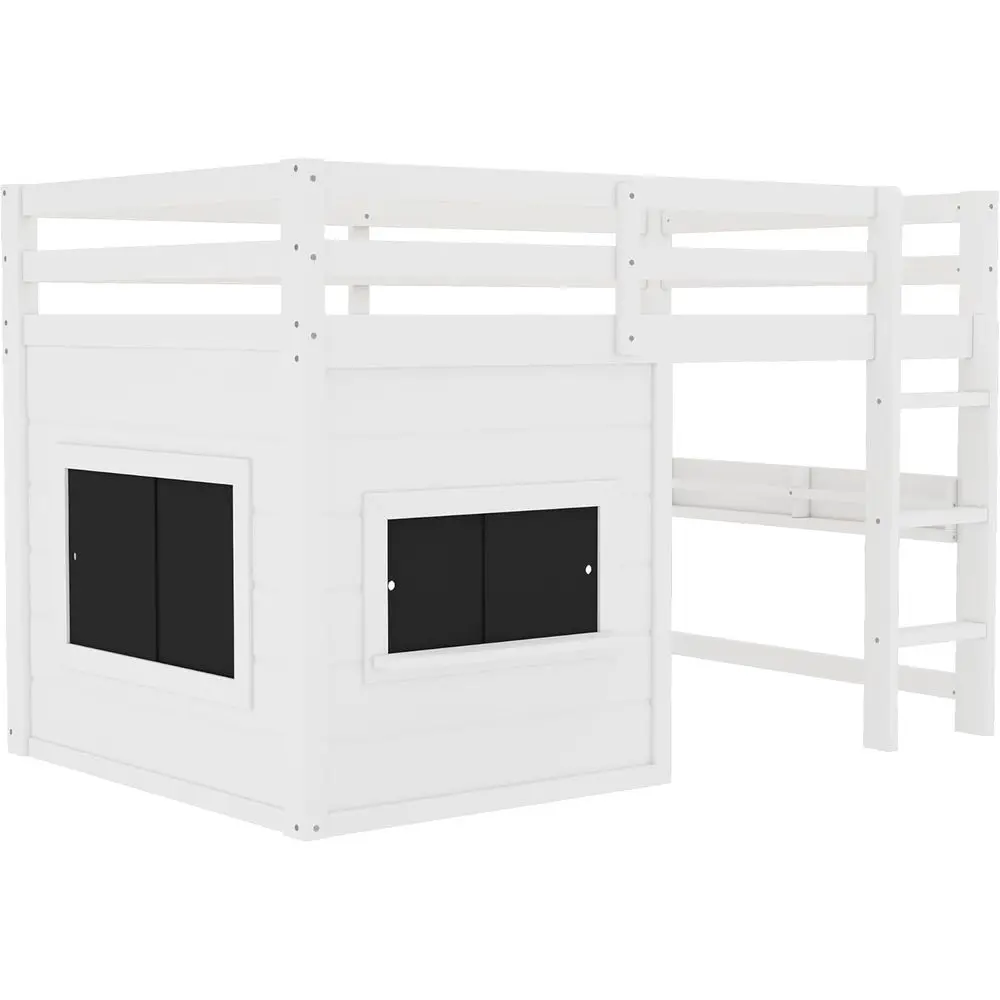 سرير علوي مزدوج أبيض مع مساحة تخزين، سبورة، ودرابزين للأطفال - نمط بيت اللعب