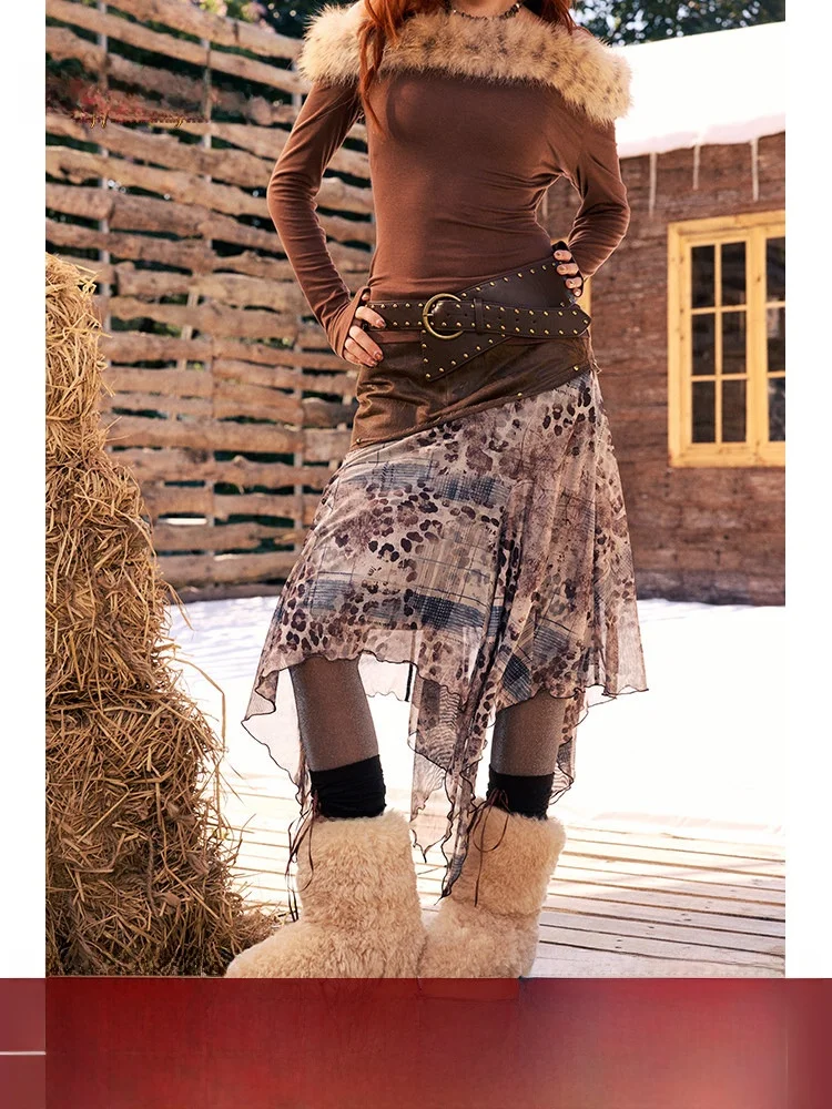 

Комплект BeerBro American Nomadic: вязаный топ с леопардовым принтом и юбка, осенне-зимний, с длинным рукавом и воротником