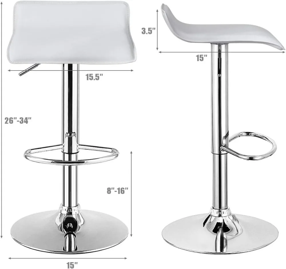 Modern Swivel Bar Stools Set of 2, Adjustable Height with Footrests, Chrome Steel Base for Kitchen Island Cafe Pub in White