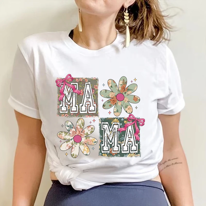 

Mama Vintage Floral T-Shirt New Mom Gift Tee Fashion Coquette Bow Print Casual Shirts for Women Casual Mother's Tshirts