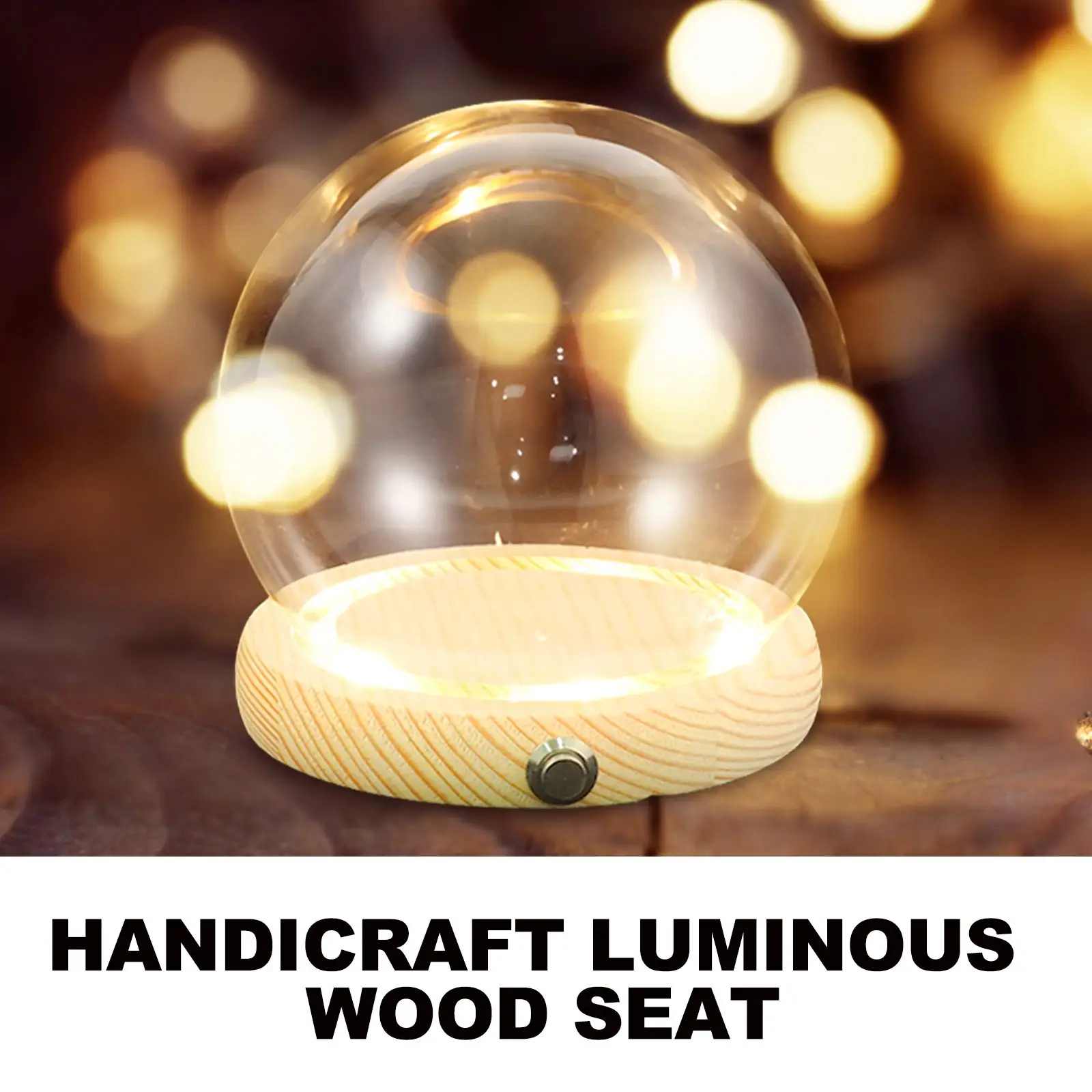 

Luminous Wooden Base Glass Dome 12cm Ball Circle Light Copper Switch Dustproof Flower Vase Display Case Transparent Cover Home