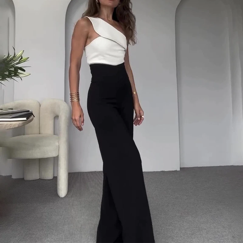 Lady Irregular Top and Long Pants Suit Casual Sleeveless Slim Party 2 Piece Set 2025 Summer Elegant Solid Color Commuting Outfit