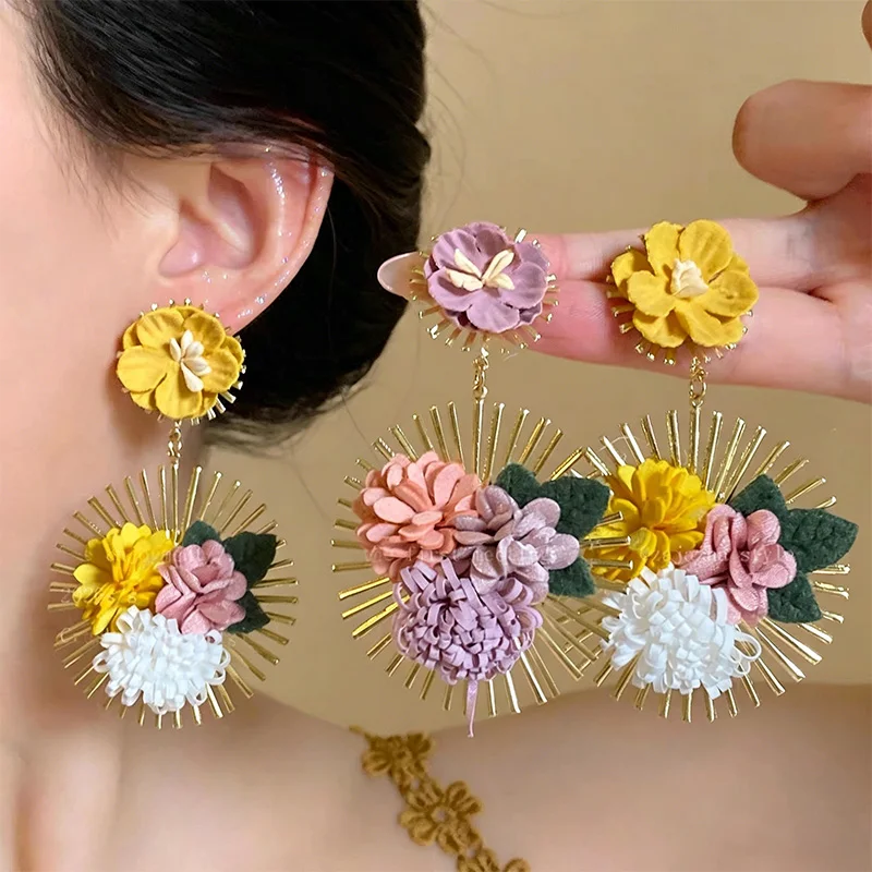 Oversized Tropical Earrings Colorful Fabric Petal Jewelry Modern Statement Dangle Group Unique Pink Flower Accessories for Gala