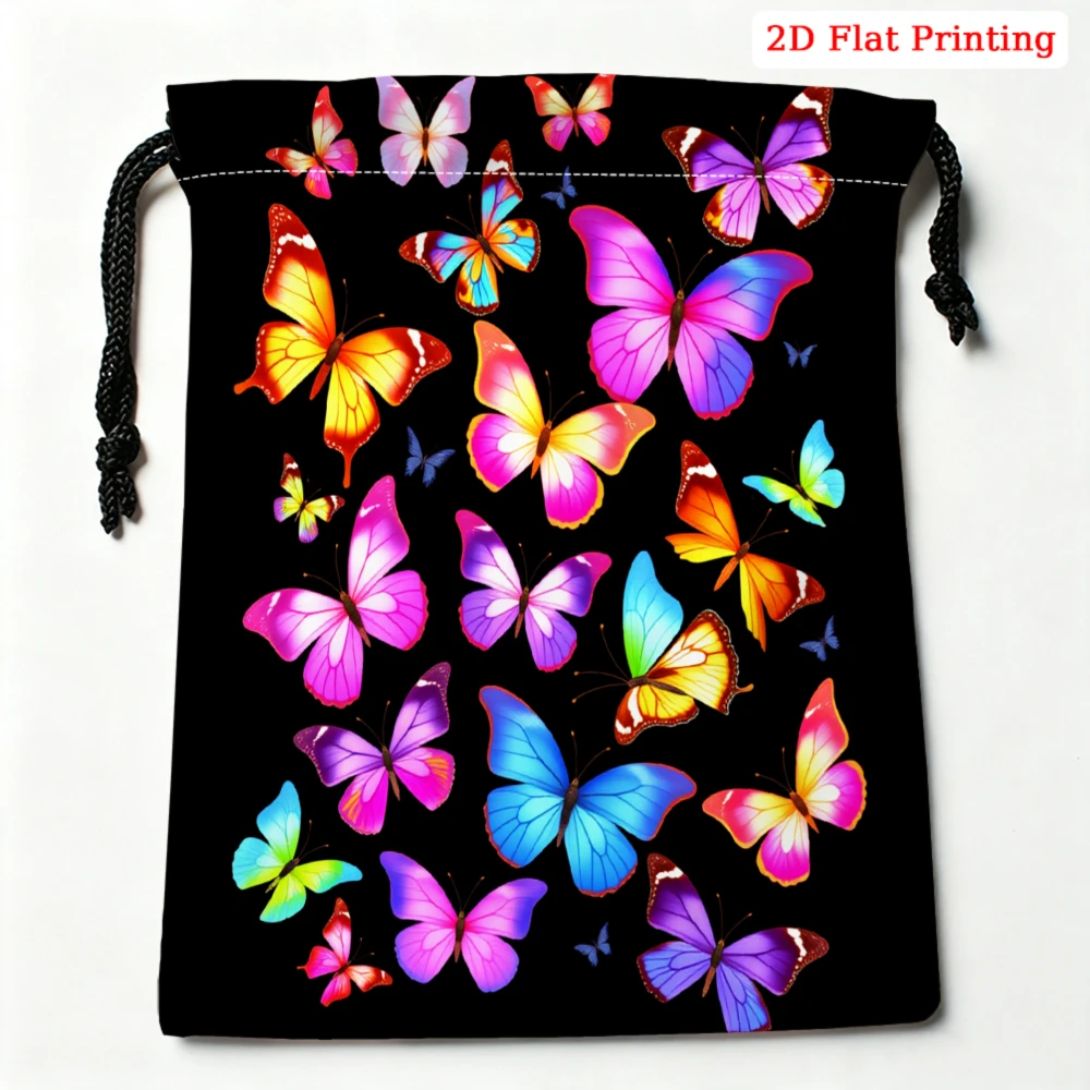 1pc Fashion Drawstring Bag Black Colorful Butterfly Print Storage Small Pouch For Travel Cosmetics Jewelry Organizer Portable Gi