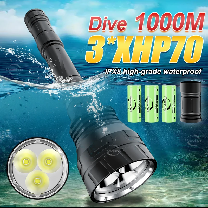 30000LM 3XHP70 Professional Diving Flashlight Rechargeable Diving Torch Underwater 1000M IP8 Super Waterproof Underwater Lantern