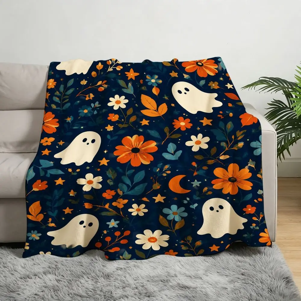 Cozy Halloween Themed Throw Blanket Dark Blue With 5 White Cartoon Ghosts Orange Yellow Flowers Crescent Moons Golden Stars Soft Warm Flannel Style Sofa Couch Travel Camping Cover