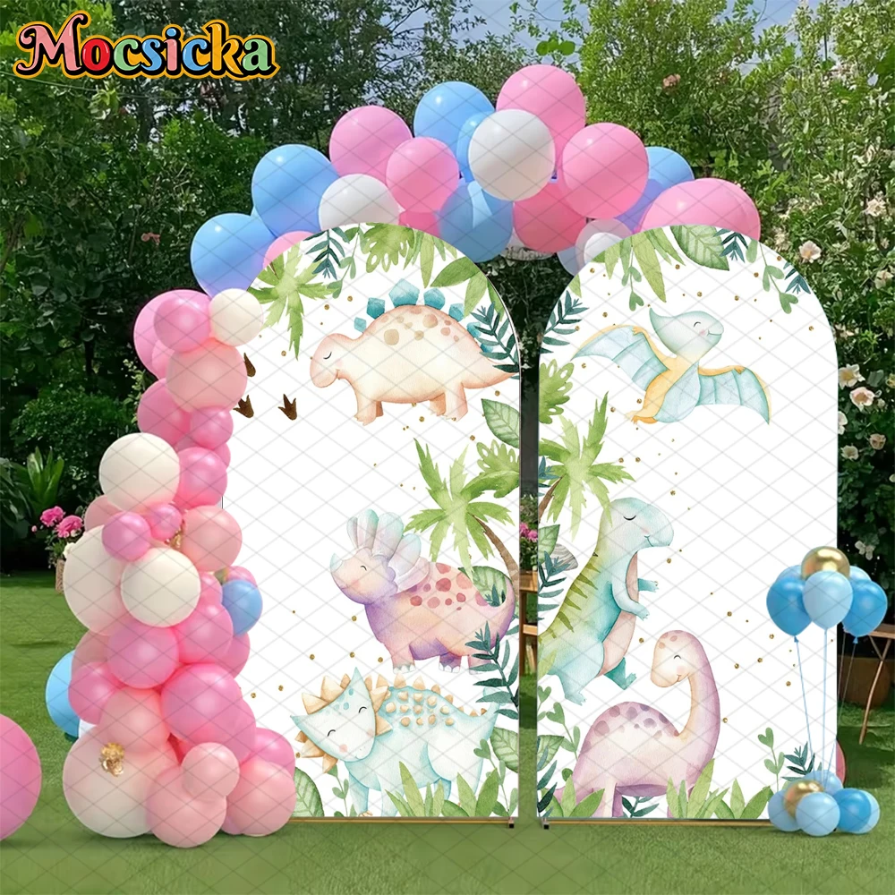 

Mocsicka Happy Birthday Arch Cover Backdrop Kid Children Baby Photo Arched Background Dinosaur Jungle Leaf Decorations Photocall