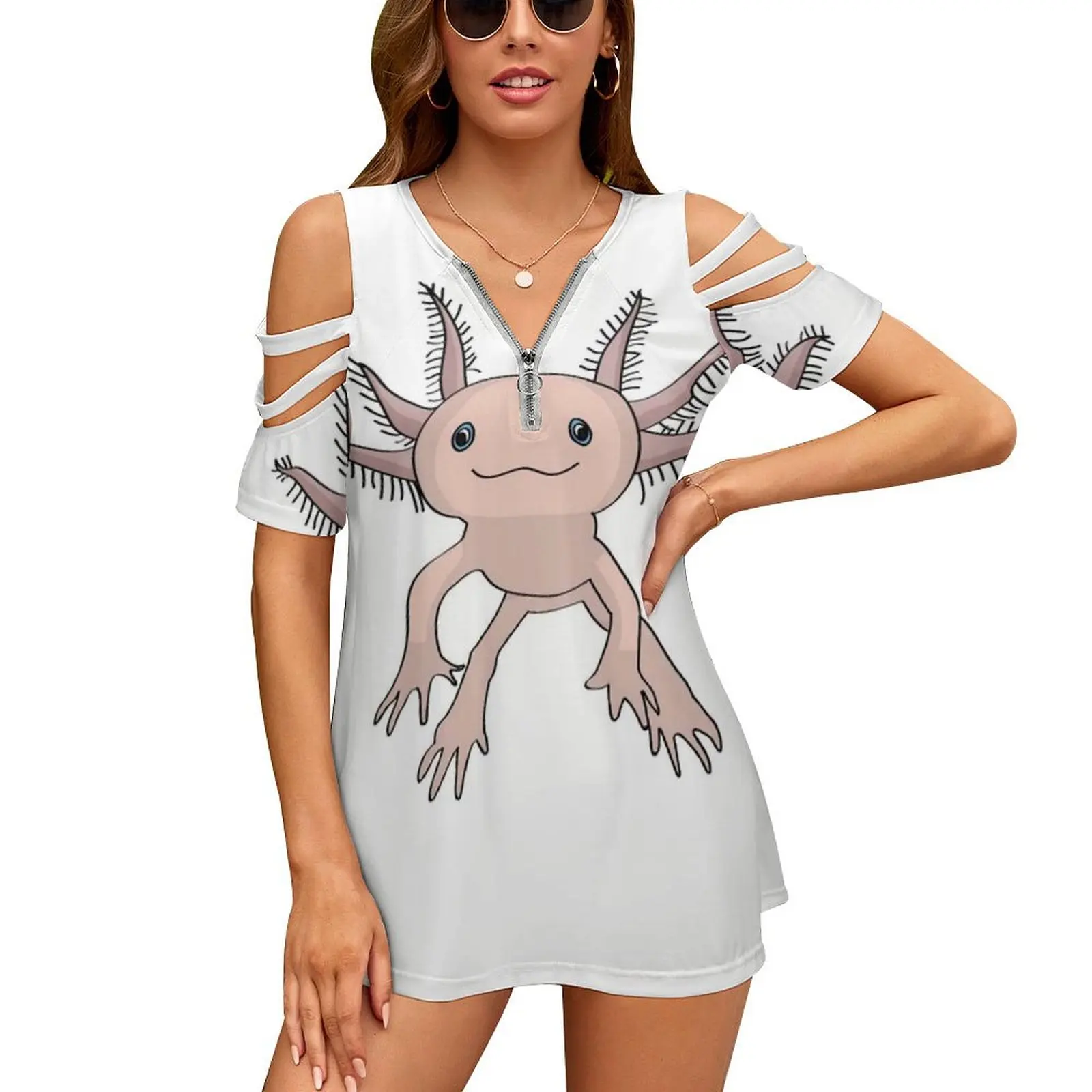Axolotls Make Me Happy-People , Not So Much New Fashion Zip Off Shoulder Top Short-Sleeve Women Shirt Axolotls Axolotl Axolotl