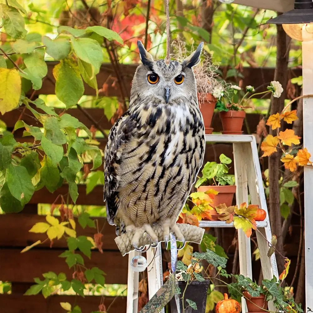 Fake Owl Decoy With Bells Bird Repel Owl Scarecrow Rectangle Hanging Fake Bird Scare Device Waterproof Bird Repeller Outdoor