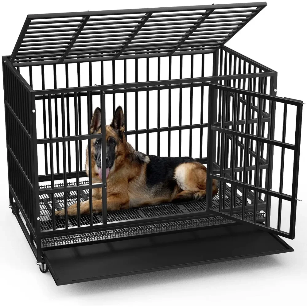 Kennels, 48/38 Inch Heavy Duty Indestructible Dog Crate, Escape Proof Dog Cage with Lockable Wheels, Kennels