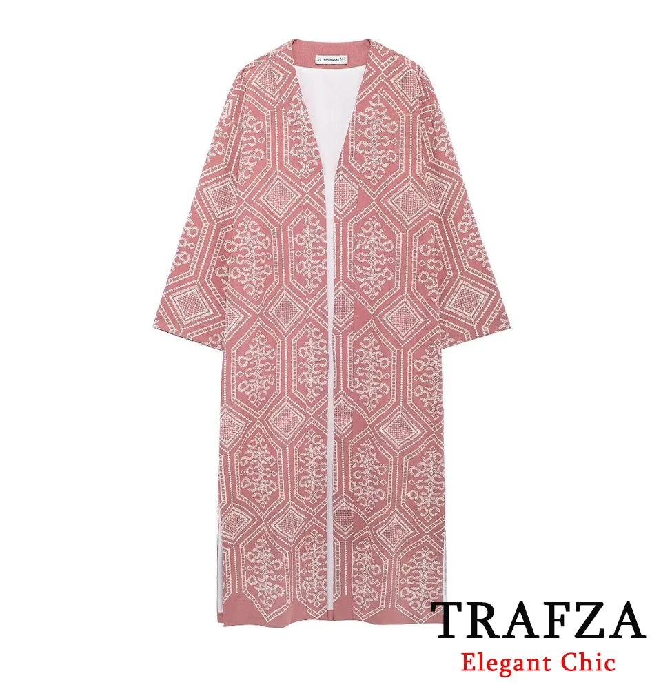 TRAFZA Women Fashion Embroidered Kimono Long Coat Pink Cardigan Robe Cape New 2024 Spring Summer Casual Nightwear Long Coat