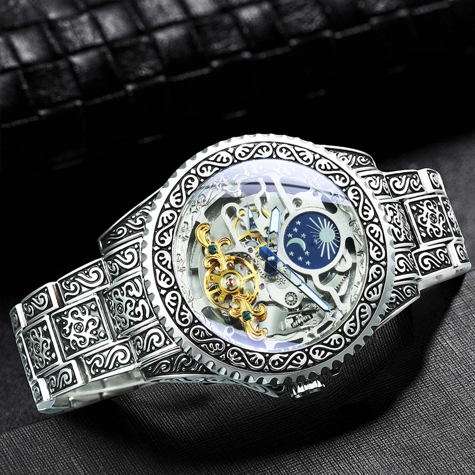 WINNER Retro Tourbillon Skeleton Automatic Mechanical Watch for Men Moon Phase Luxury Brand Mens Watches Stainless Steel Strap