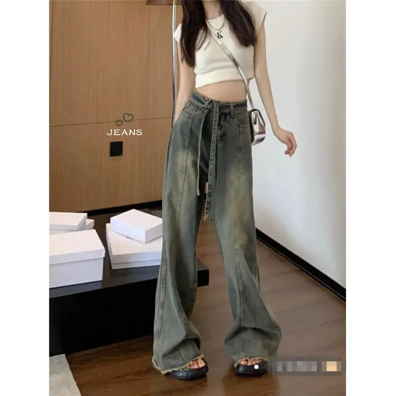 

Hairy Edged Floor Length Jeans for Women Petite Hong Kong Style Retro High Waisted Loose Straight Leg Wide Pants