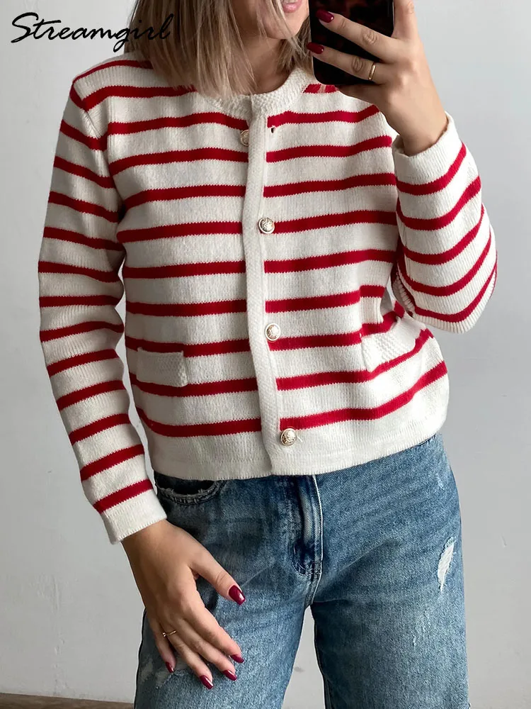 Autumn Short Cardigan For Women Knitted Striped Jackets Loose O Neck Knit Coats Black And White Stripe Women Cardigans Sweater