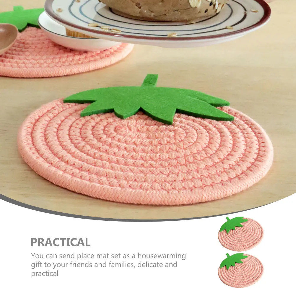 

2Pcs Woven Placemat Set Strawberry Design Heat-Resistant Place Mat Anti-Slip Cotton Rope Coaster for Tableware Cushion Household