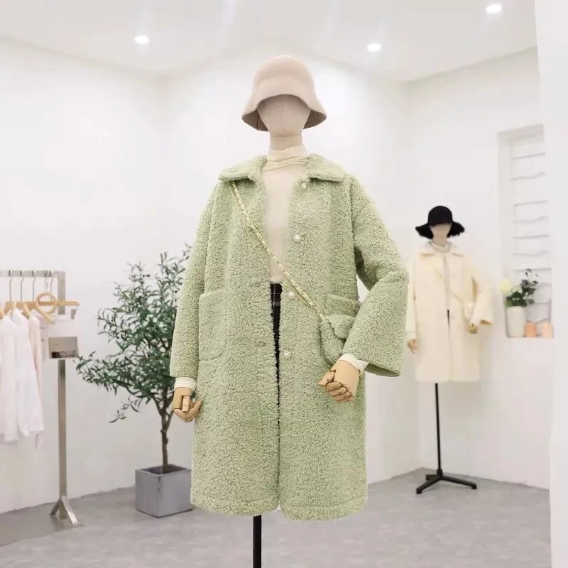 2023 autumn and winter new thick warm cashmere imitation lamb wool coat female loose medium long coat tide