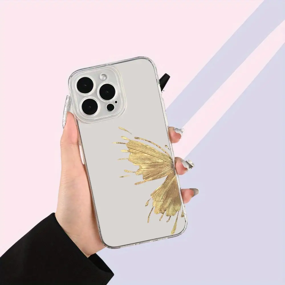 Funda de teléfono con diseño de mariposa dorada adecuada para iPhone 17 16 15 14 13 12 11 Pro/Max/Plus transparente anticaída y a prueba de golpes