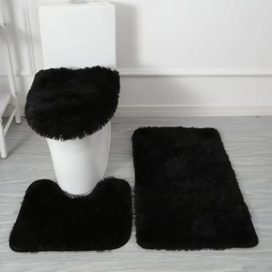 

Black Bathroom Rugs Sets 3Piece Bath Mat Solid Bath Rug Floor Mats Washable Shower Rug with U-Shaped Contour Rug Toilet Lid Cov