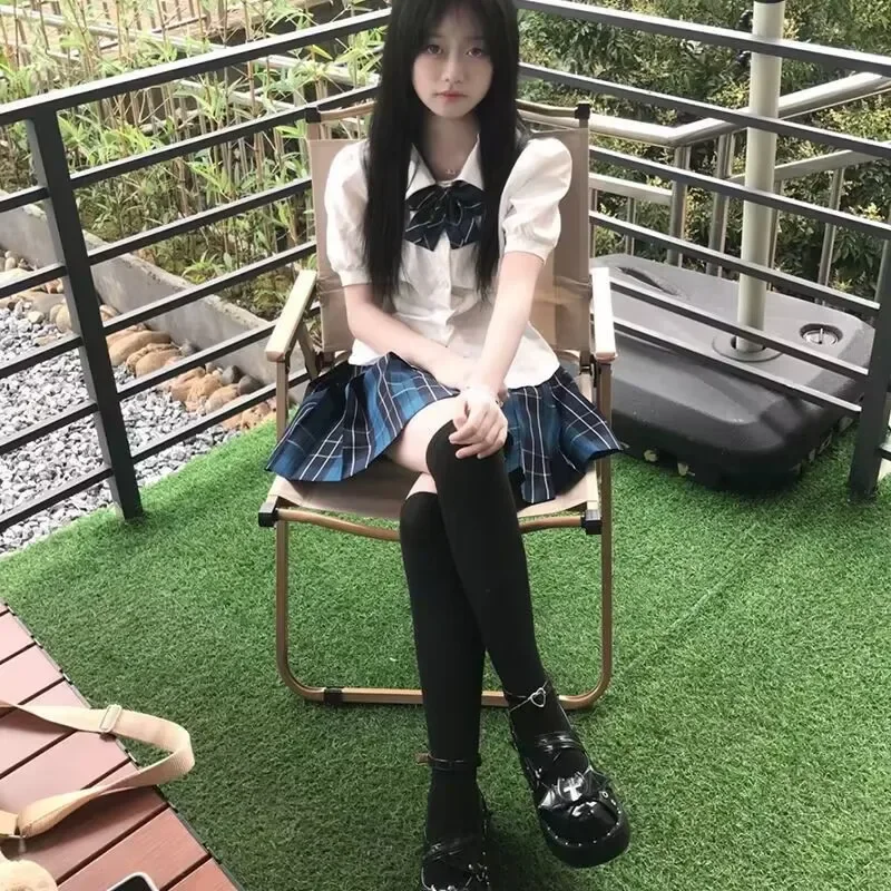 Plus Size Sweet Girl JK Uniform College Style Short Sleeve Waist-Fitted Shirt Bow Pleated Skirt Sissy Cross-dressing COS Uniform