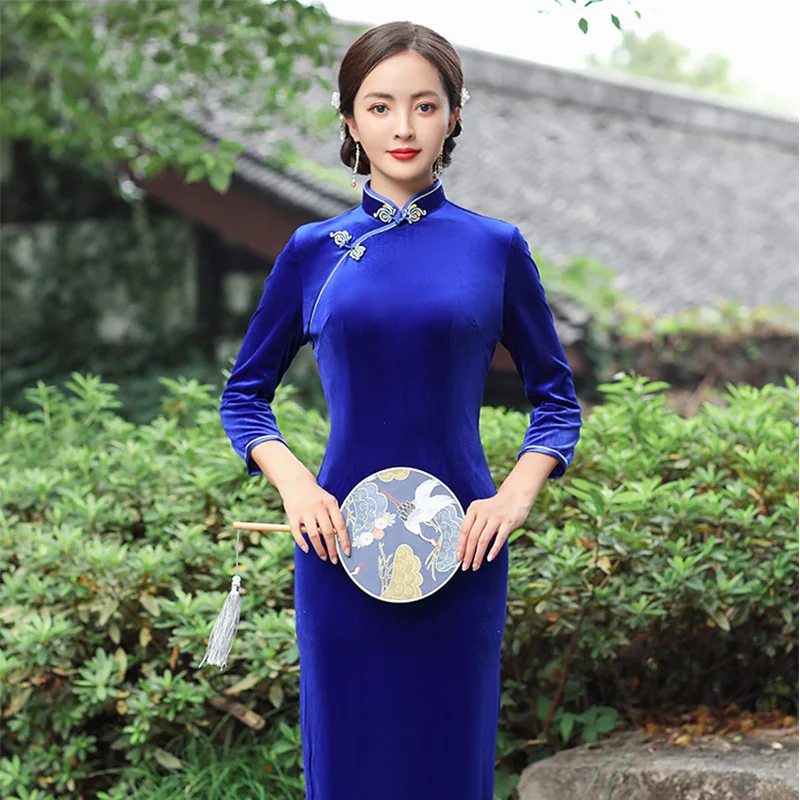 4 Colors Women New Long Cheongsam Elegant Vintage Velvet Dress Plus Size Thick Qipao M To 5XL High-Fashion Wedding Costume