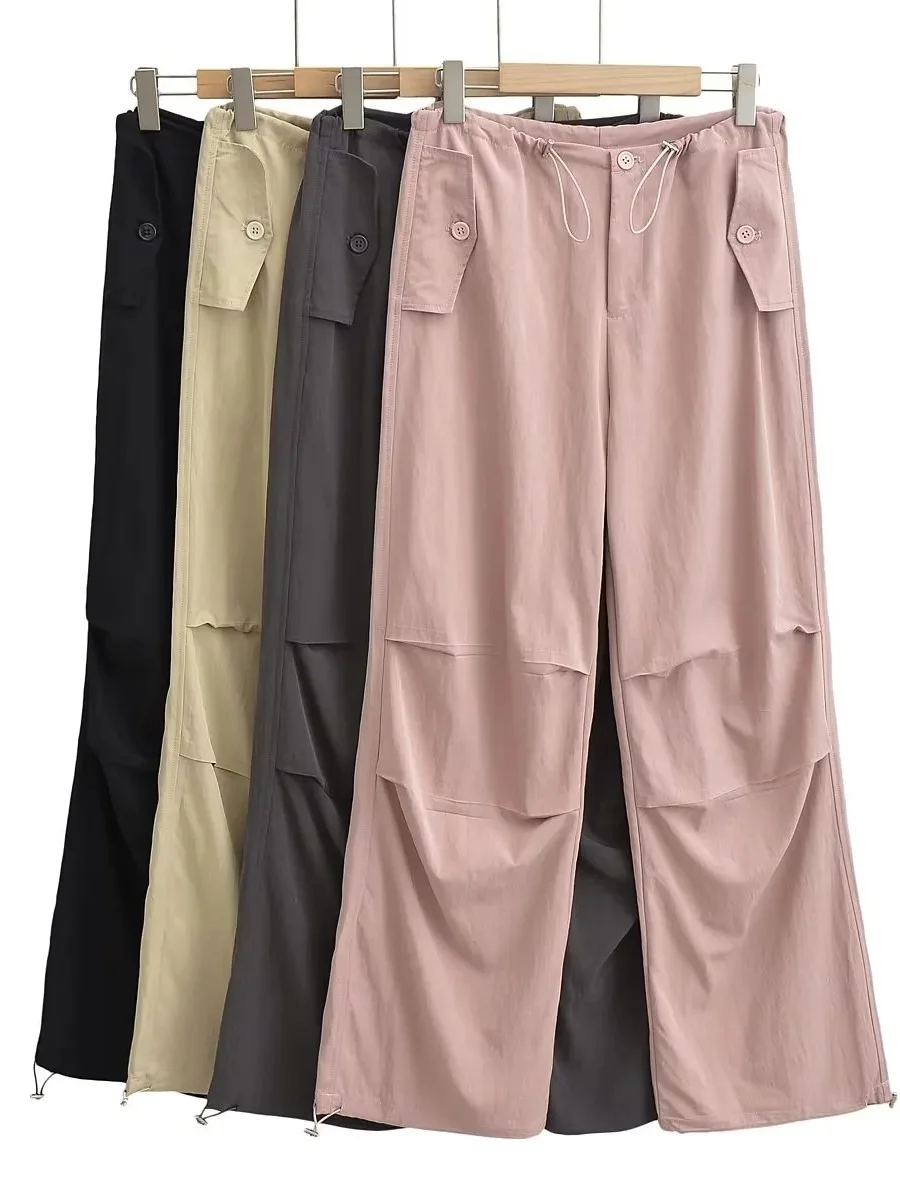 Autumn New High Waisted Drawstring Quick Drying Cargo Pants Women Loose Casual Versatile Solid Color Wide Leg Sports Pants KYRY