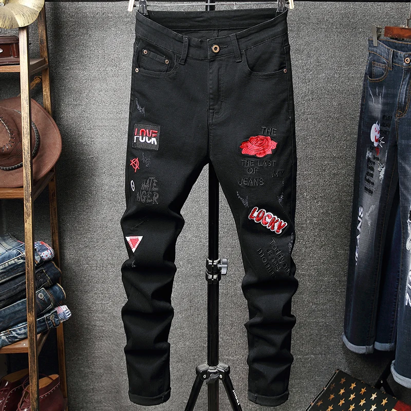 

Trendy Men's Clothing Jeans, 2023 New Arrival Black Embroidered Denim Pants