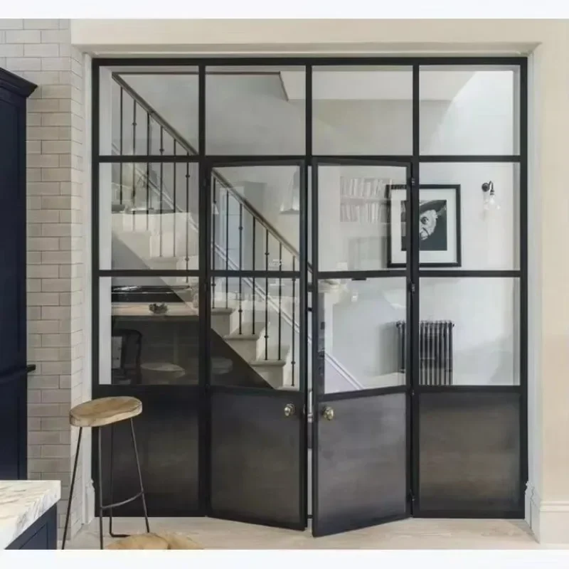 Black Steel Frame Exterior Double Glass French Aluminum Entry Swing Glass Doors