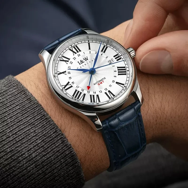 CARNIVAL Brand Mechanical Mens Watches Luxury NH34 Movement GMT Automatic Business WristWatches Waterproof for Men Reloj Hombre