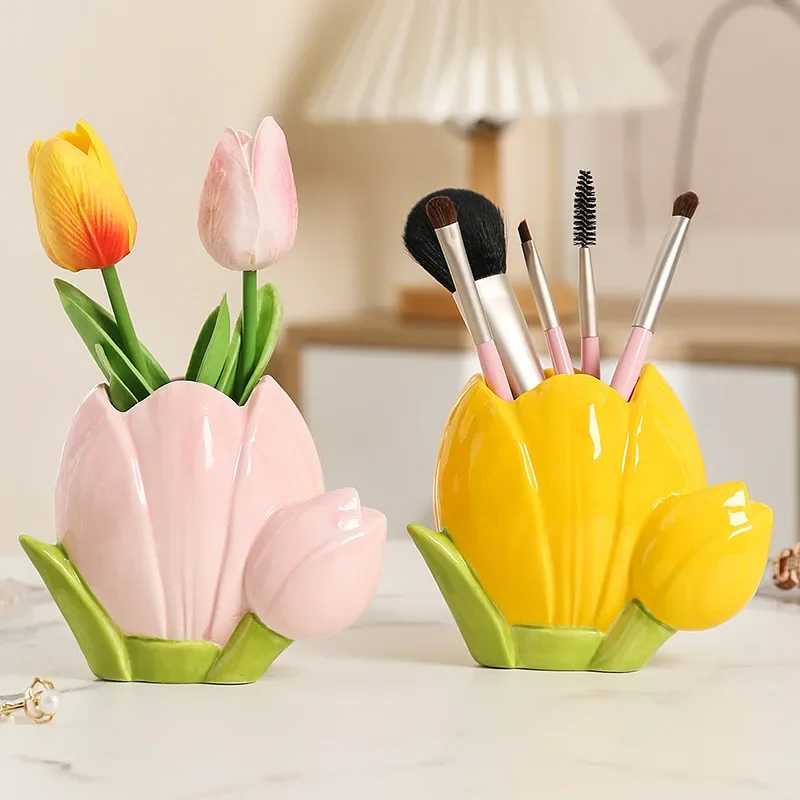 Tulip flower ceramic vase cute ornament living room flower arrangement dining table floral decoration makeup pen storage bucket