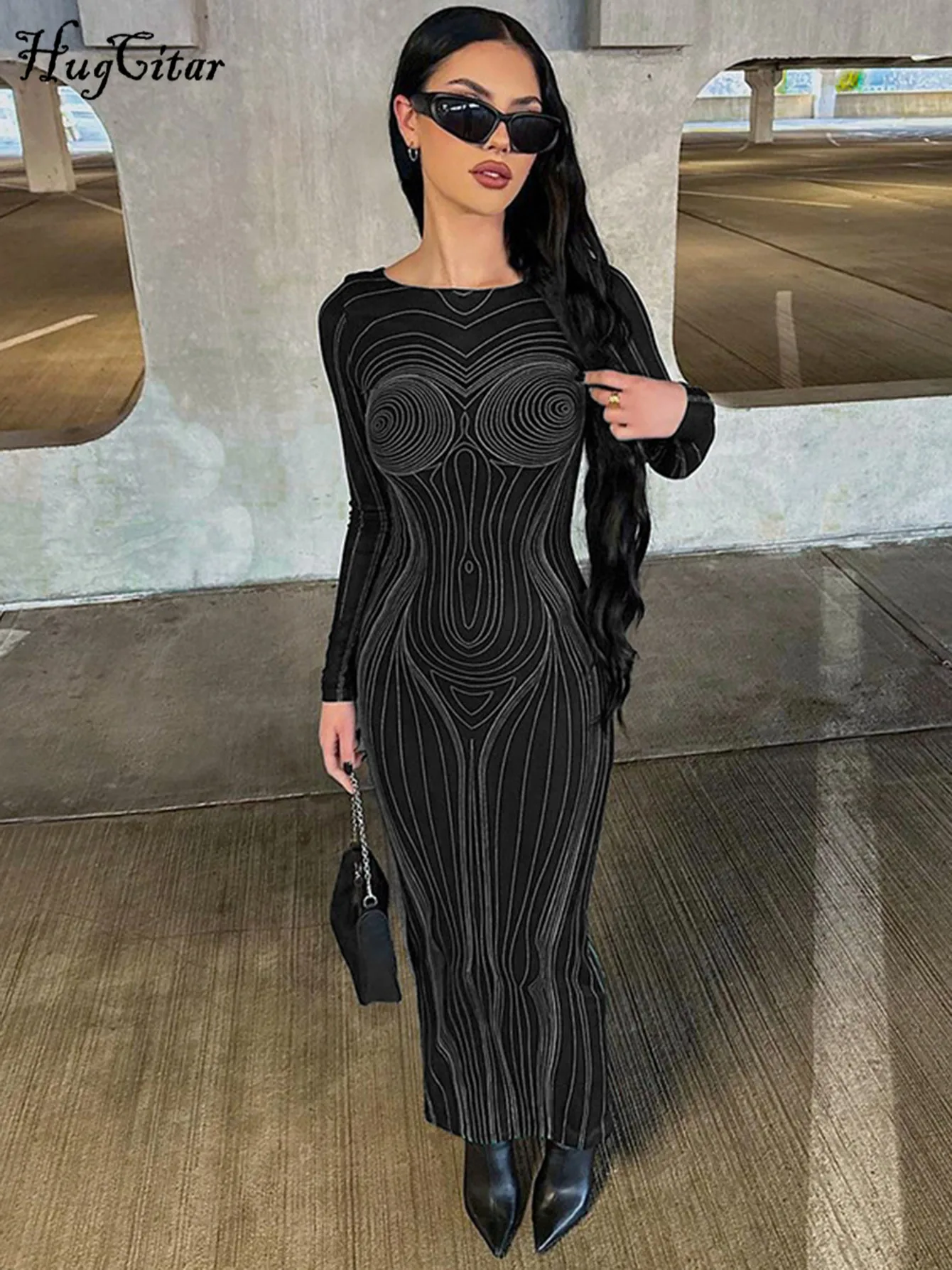 Hugcitar Striped Print Long Sleeve See Through Sexy Bodycon Maxi Dress 2024 Winter Women Y2K Evening Party Festival Clothes