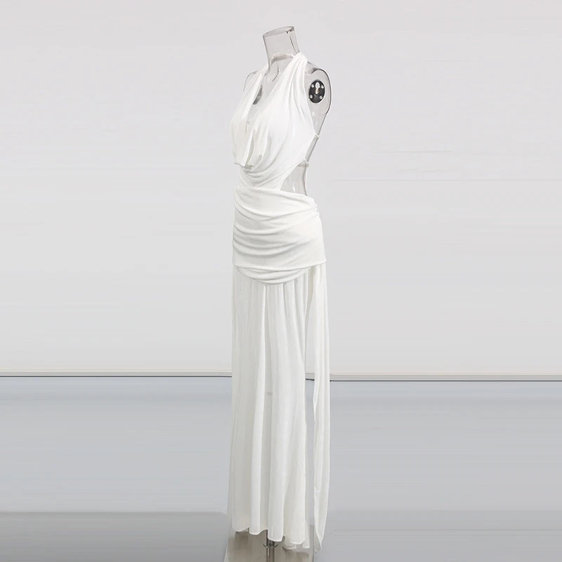 Vestidos ceñidos con espalda descubierta y empalme liso para mujer, vestido Midi de noche con pliegues transparentes y sin mangas con cuello Halter para mujer