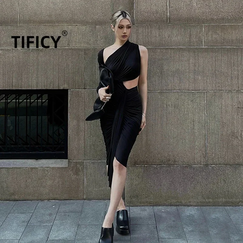 

TIFICY Dark RO Women's Irregular Interlocking Wrinkles Slanted Edges Shoulder and Waist Exposed Tailored Hip Hugging Sexy Dress