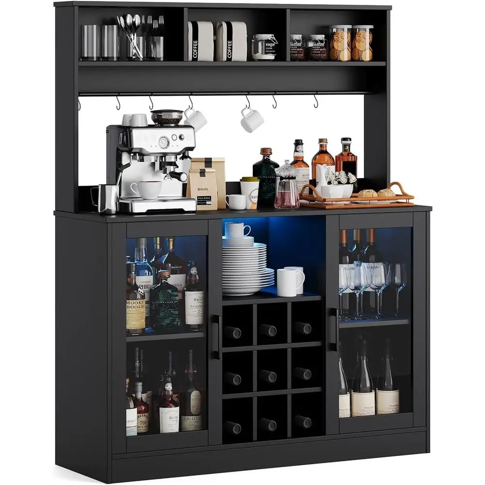 LED照明付き9本用ワイン＆リキュールキャビネット、電源コンセント付き、調節可能な棚、ブラック、47.2D x 15.74W