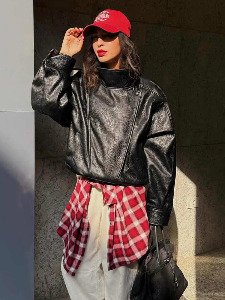 Jaqueta Feminina de Couro Sintético HH 2026, Gola Alta, Manga Longa, Casaco com Zíper, Jaqueta Vintage de Motociclista, Moda Urbana Feminina