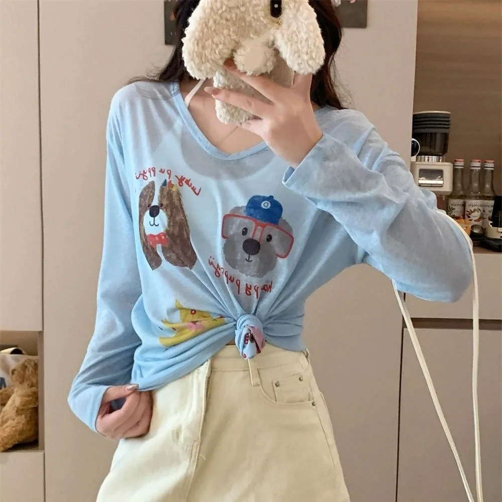 

Тонкая футболка с принтом собаки, солнцезащитная, с мультяшным рисунком животных, с длинными рукавами, в корейском стиле, свободного кроя, с круглым вырезом, оверсайз