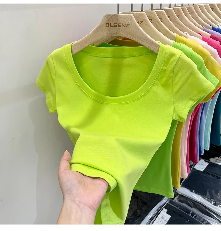 2026 Sexy Quadratischer Ausschnitt Slim T-Shirt Damen Baumwolle Elastisch Basic Einfarbig Lässige Oberteile Kurzarm Dünne T-Shirts Transparent – Detail 5
