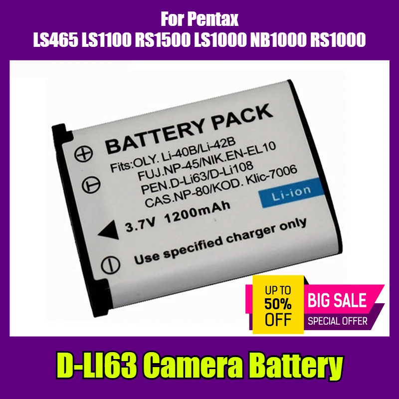 

D-LI63 Camera Battery 3.7V 1200mAh for Pentax LS465 LS1100 RS1500 LS1000 NB1000 RS1000