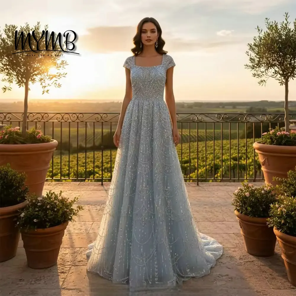 

MYMB Elegant Light Blue A-Line Formal Prom Dresses Luxurious Beaded Sequined Long Evening Dresses Gowns for Occasion MY30105L-3B