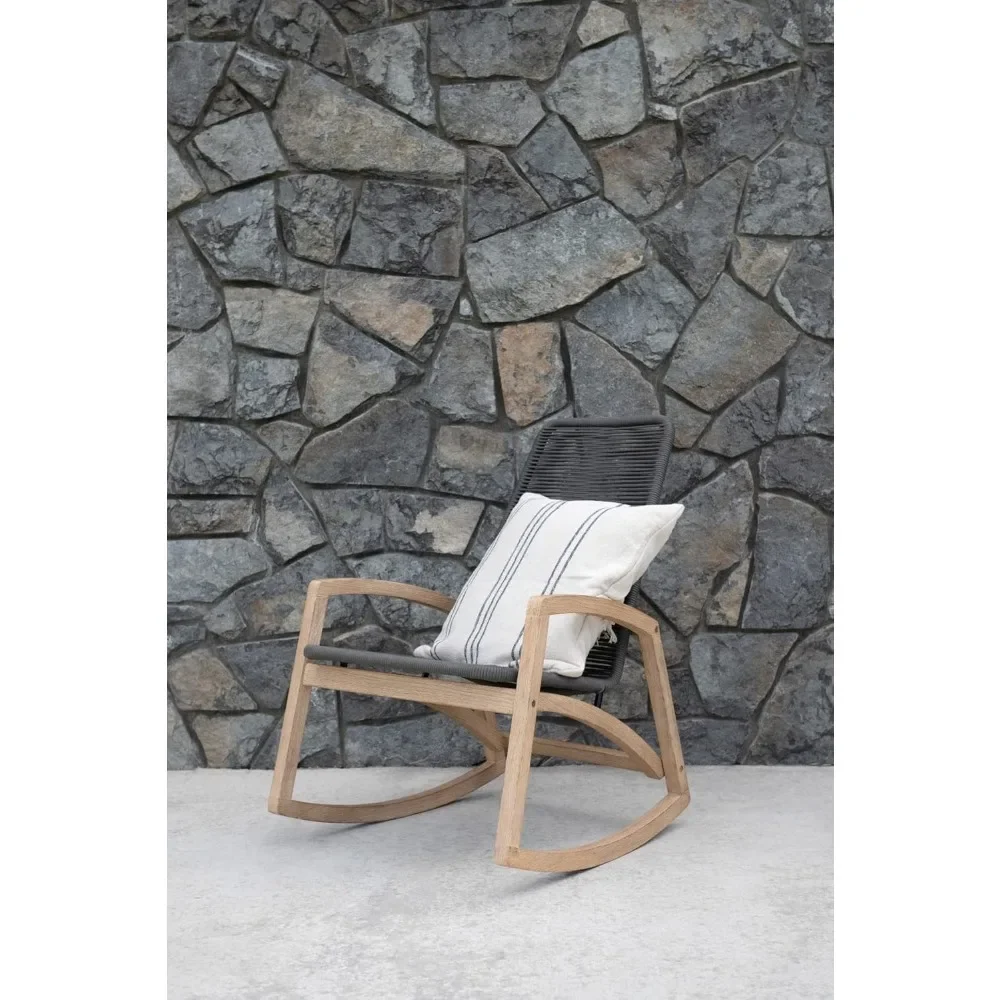 Indoor/Outdoor Teak Wood & Woven Rope Rocking Chair, Grey