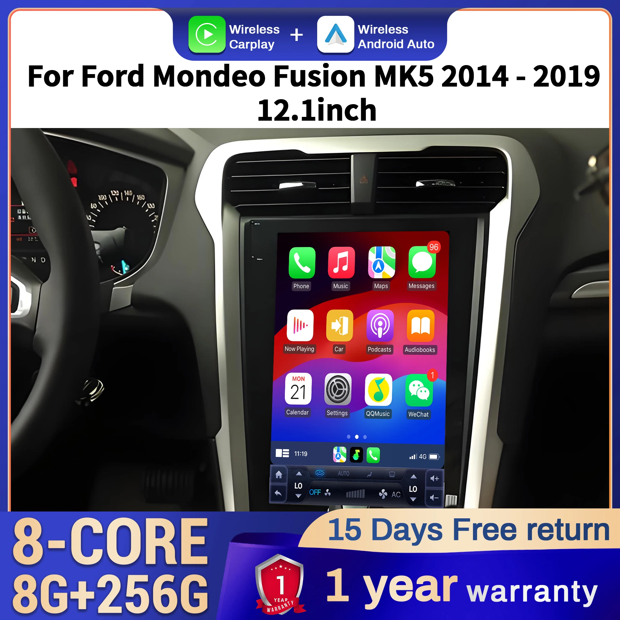 12.1 inch Car Radio 4G GPS Android 14 For Ford Mondeo Fusion MK5 2014-2019 Wireless CarPlay Head Unit Touch Screen Stereo System
