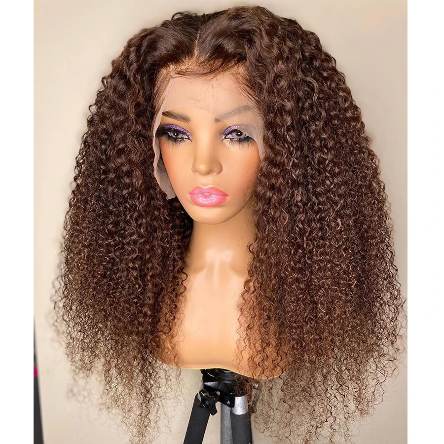 Parte profunda longa peruca dianteira do laço encaracolado para mulheres africanas, cabelo do bebê Kinky, pré-arrancadas, sem cola, macio, marrom, 26 ", 180 Densidade