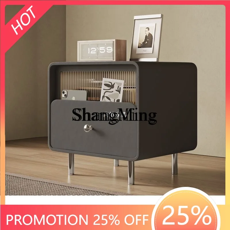 

SM Minimalist Luxury Solid Wood Nightstand Simple Modern Cream Style Storage Cabinet Black Leather Bedside Table